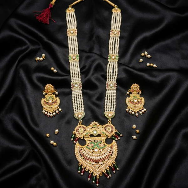 Rajwada Heritage Kundan & Pearl Haar Set with pearl layers and meenakari pendant on black fabric