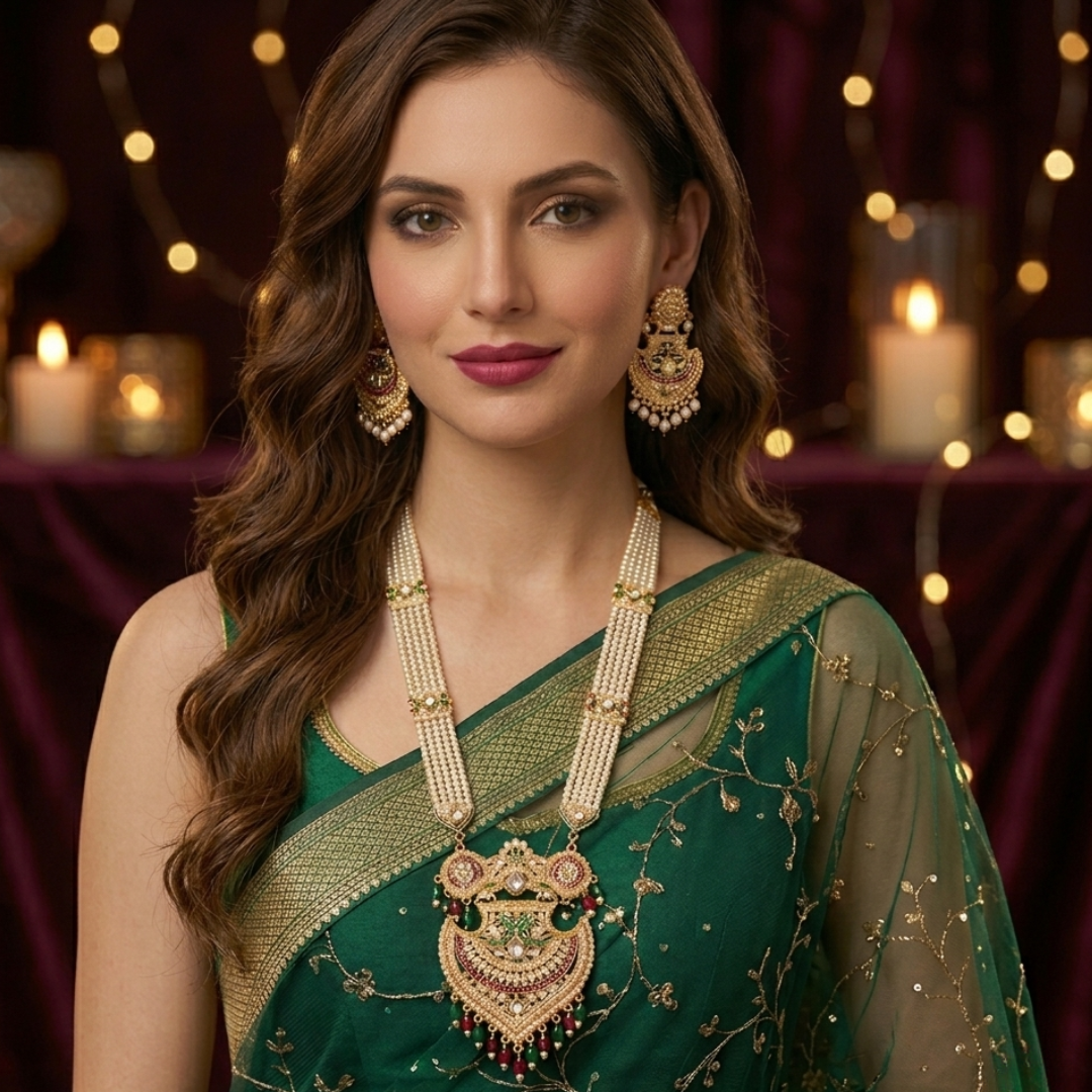 Rajwada Heritage Kundan Meenakari Haar set worn by bride in green saree