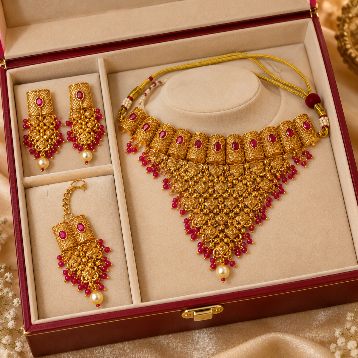 Jwanas Rani Ruby-Toned Bridal Choker Set displayed inside an open maroon jewellery box with earrings and Maang Tikka