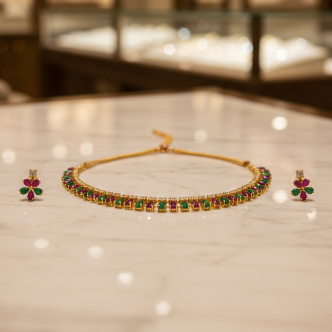 Jwanas Royal Emerald Ruby necklace flat lay