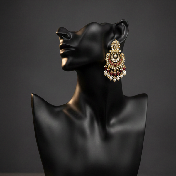 Close-up of Royal Kundan Meenakari Chandbali Earring on mannequin