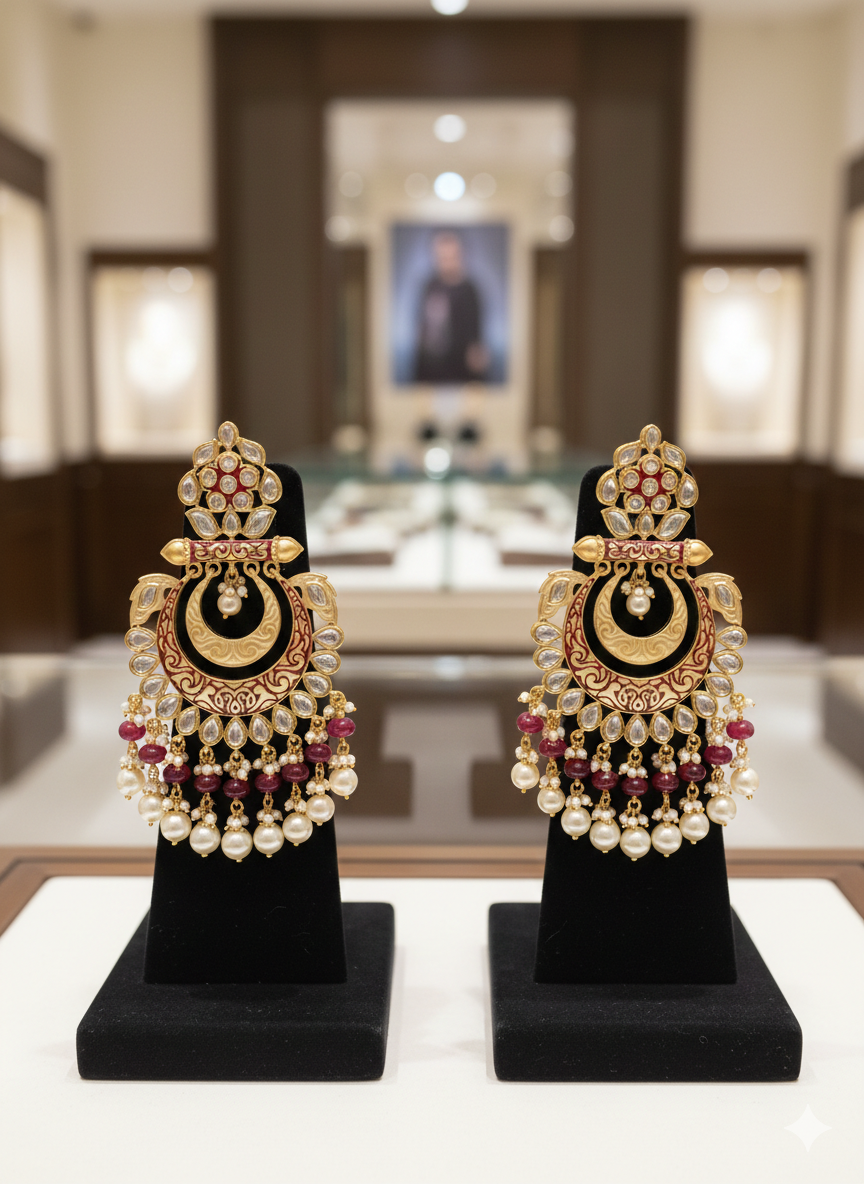 Royal Kundan Meenakari Chandbali Earrings displayed on black stands