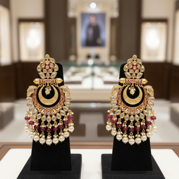 Royal Kundan Meenakari Chandbali Earrings displayed on black stands