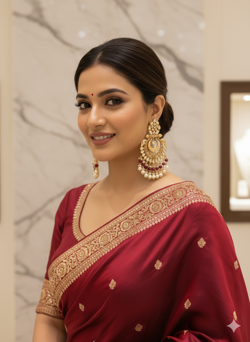 Model wearing Kundan Meenakari Chandbali Earrings with maroon saree