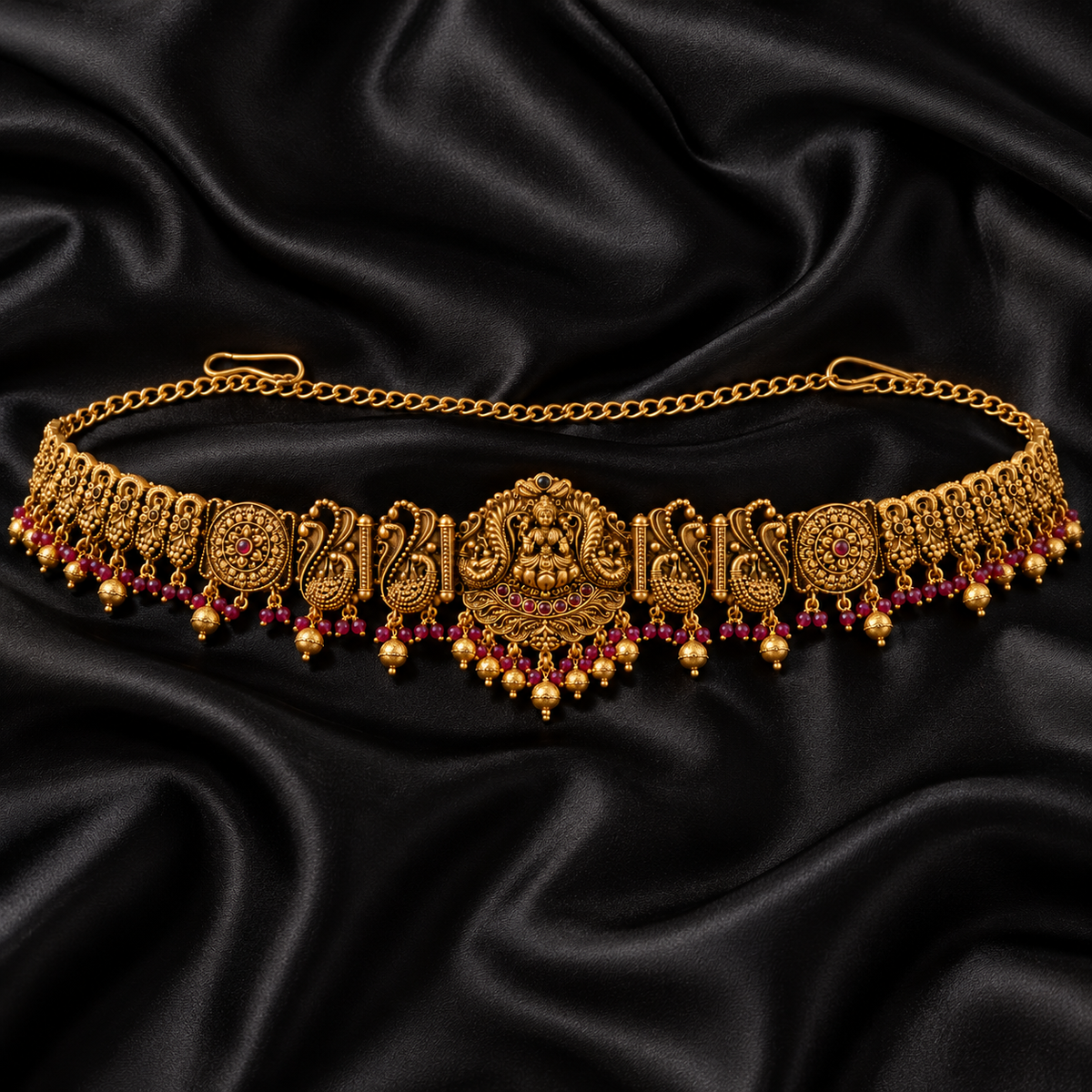 Jwanas Royal Lakshmi Temple Gold Kamarbandh featuring intricate temple motifs, ruby-red accents, and dangling gold beads displayed on black satin.