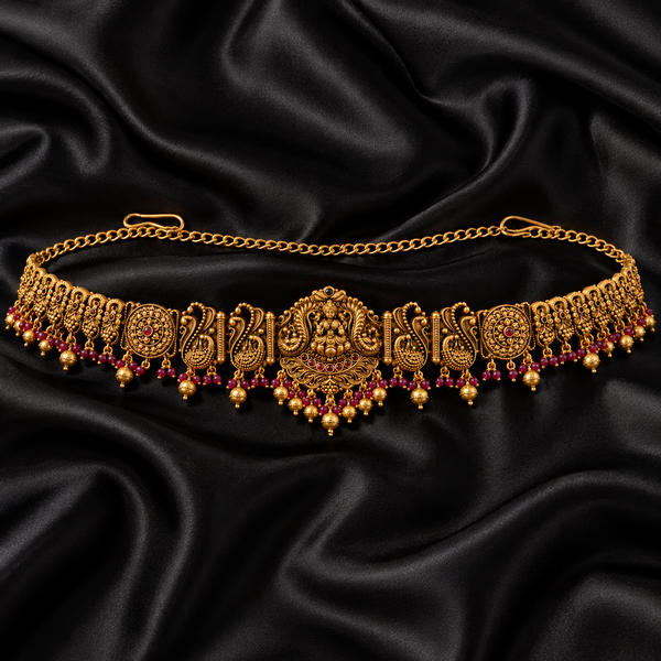 Jwanas Royal Lakshmi Temple Gold Kamarbandh featuring intricate temple motifs, ruby-red accents, and dangling gold beads displayed on black satin.