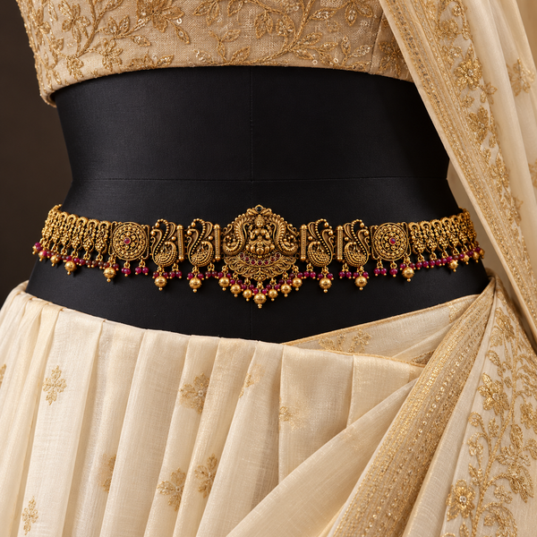Jwanas Royal Lakshmi Temple Gold Kamarbandh styled over an ivory saree with intricate gold embroidery.