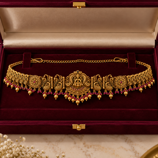 Jwanas Royal Lakshmi Temple Gold Kamarbandh featuring an ornate goddess centerpiece and ruby-red accents, displayed in a burgundy velvet jewellery box.