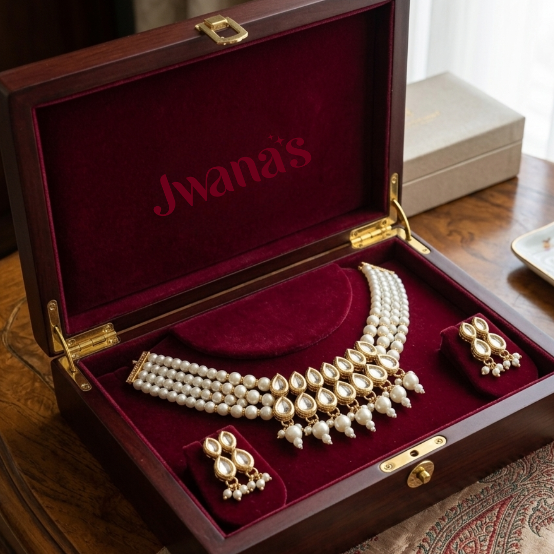 Royal Pearl and Kundan necklace set displayed in Jwanas jewellery box.