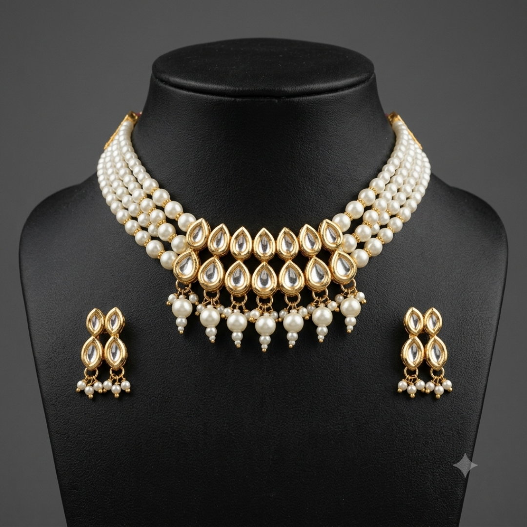 Royal Pearl and Kundan necklace set with matching earrings on mannequin.