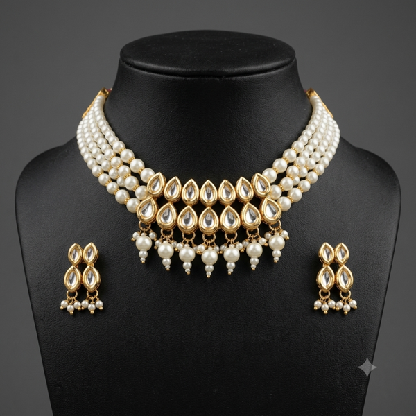 Royal Pearl and Kundan necklace set with matching earrings on mannequin.
