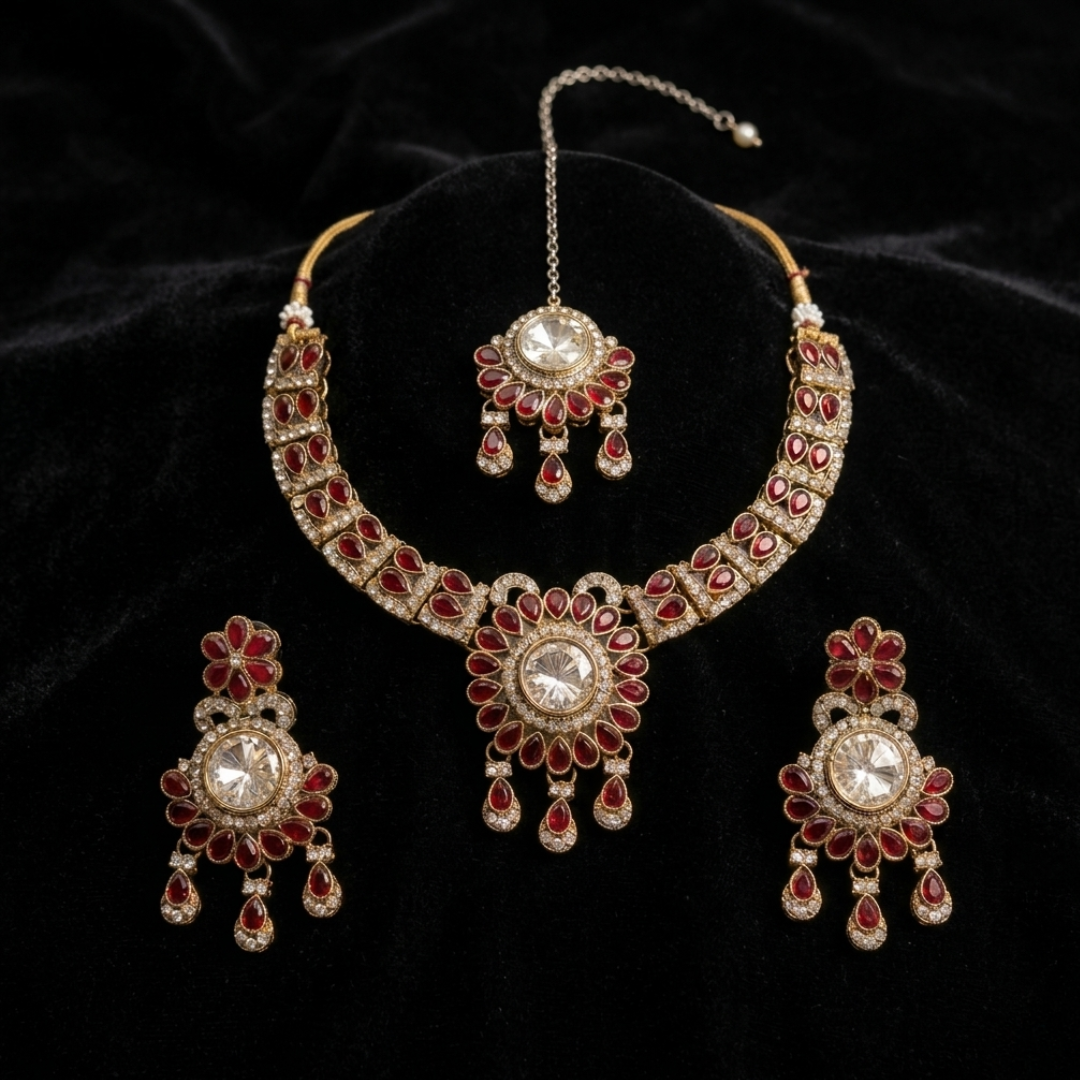 Jwanas Royal Ruby-Inspired Kundan necklace set close-up on black cloth