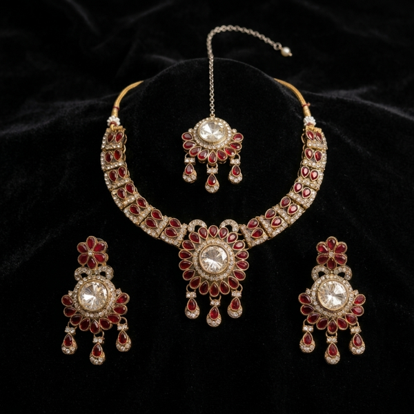Jwanas Royal Ruby-Inspired Kundan necklace set close-up on black cloth