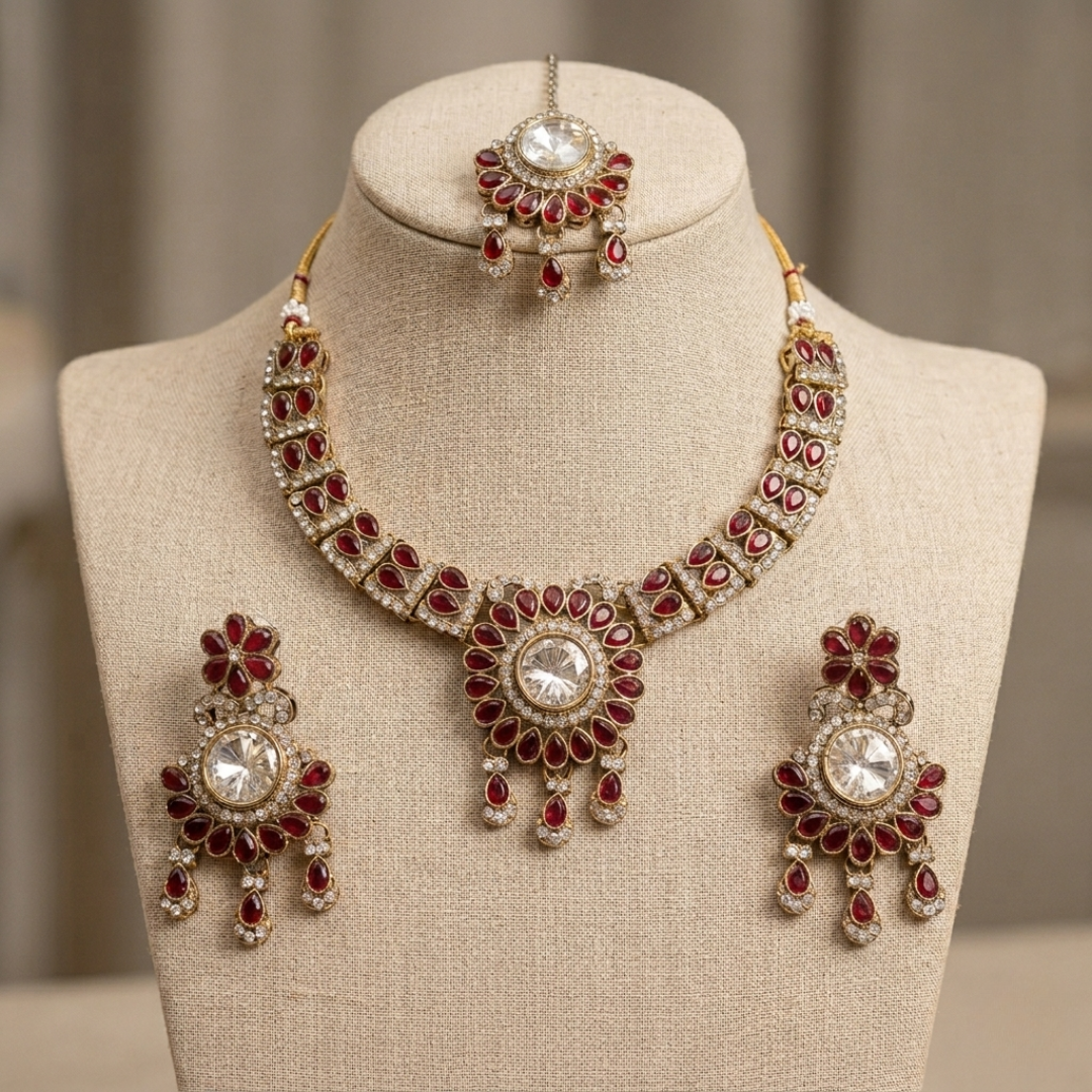 Jwanas Royal Ruby-Inspired Kundan necklace and earrings displayed on mannequin