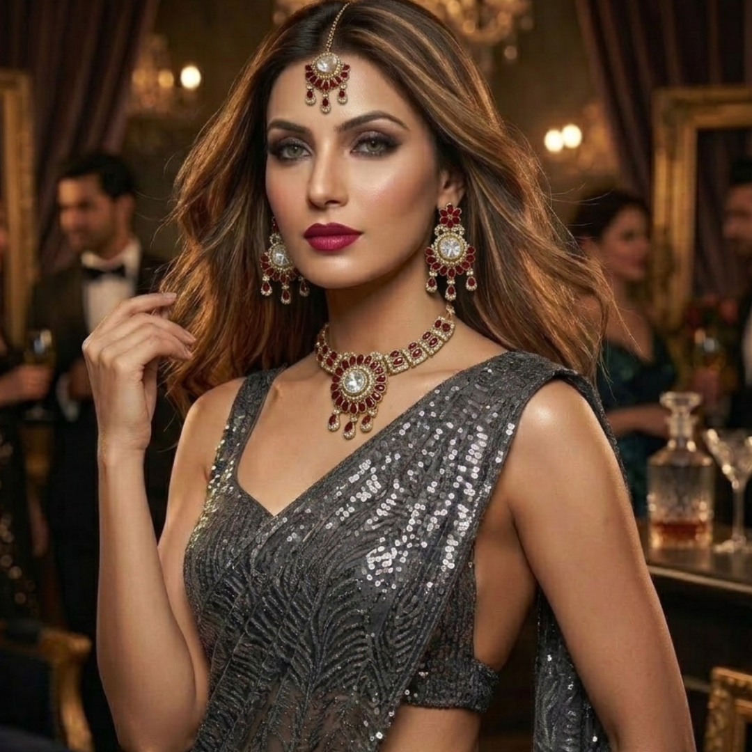 Model wearing Jwanas Royal Ruby-Inspired Kundan Necklace Set with earrings and maang tikka