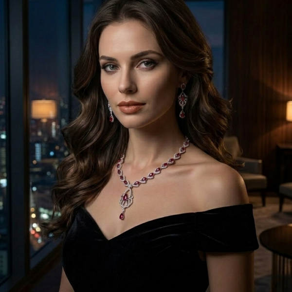 Model wearing Jwanas Ruby-Inspired Teardrop Necklace Set with earrings