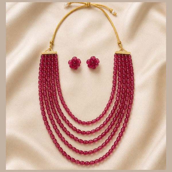 Ruby Pink Multi-Layer Beaded Necklace Set flat lay with earrings