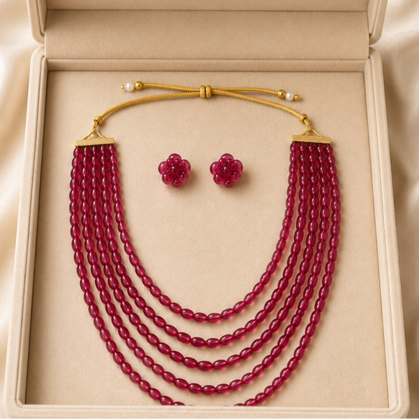 Ruby Pink Multi-Layer Beaded Necklace Set displayed in jewellery box