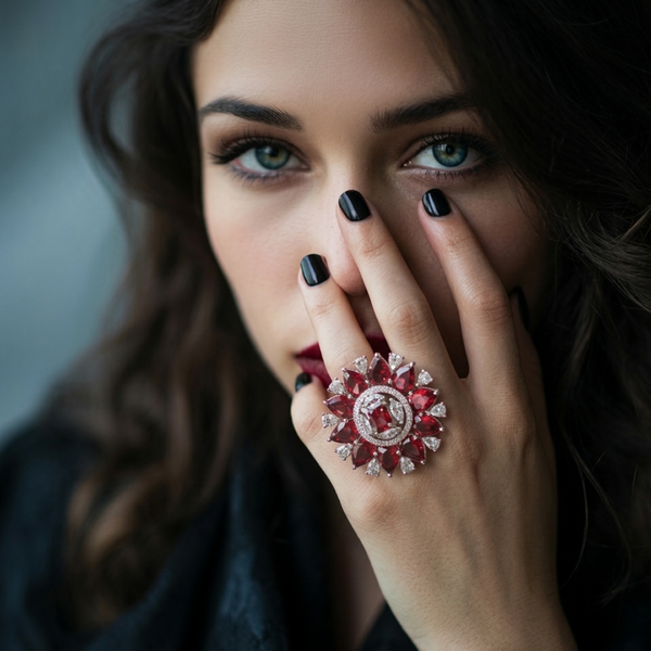 Model wearing Jwanas Ruby-radiance Sunburst Cocktail Ring