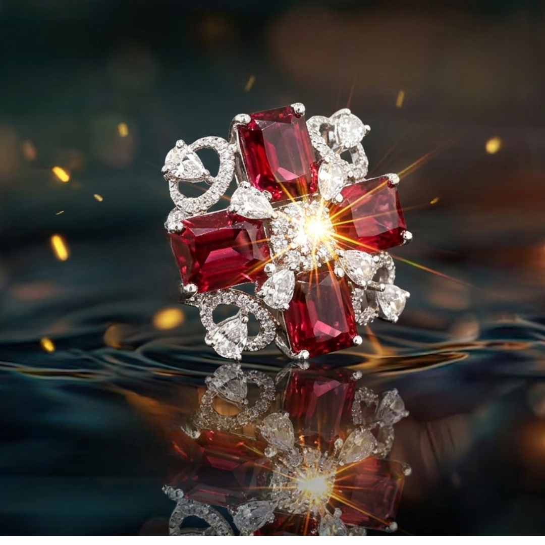 Close-up of Jwanas Ruby-Red Floral Cocktail Ring with reflective water styling