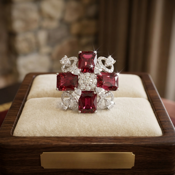 Jwanas Ruby-Red Floral Cocktail Ring flat lay on wooden tray