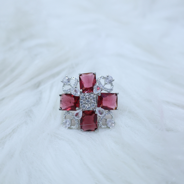 Jwanas Ruby-Red Floral Cocktail Ring flat lay