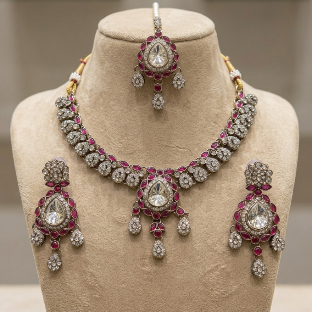Jwanas Ruby-Toned Crystal necklace and earrings displayed on mannequin
