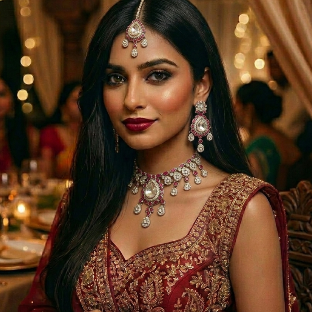 Model wearing Jwanas Ruby-Toned Crystal Designer Jewellery Set with maang tikka and earrings