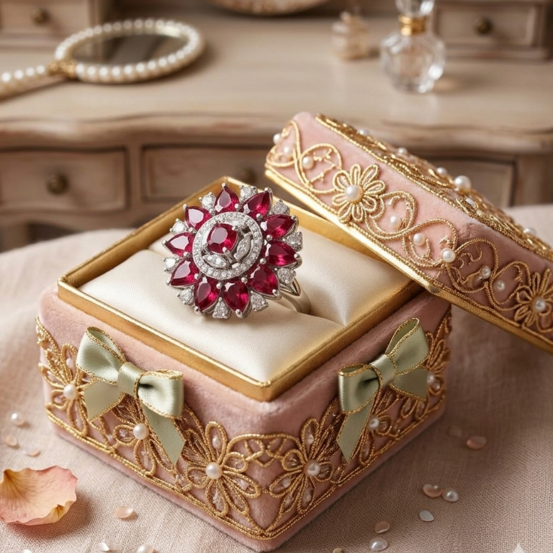 Jwanas Ruby-radiance Sunburst Ring displayed in jewellery box packaging