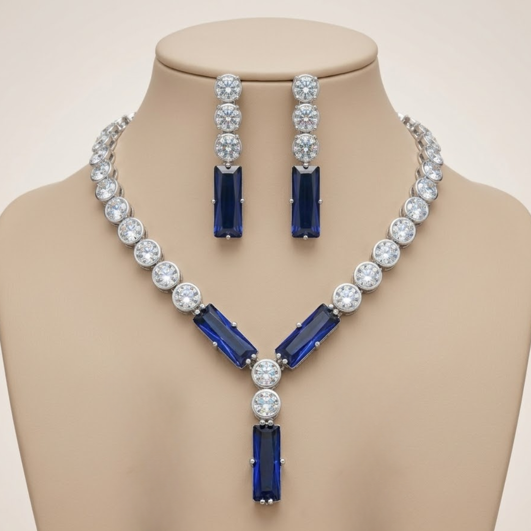 Sapphire Glow Statement Necklace Set displayed on mannequin