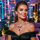 Model wearing Sapphire Glow Statement Necklace Set with earrings