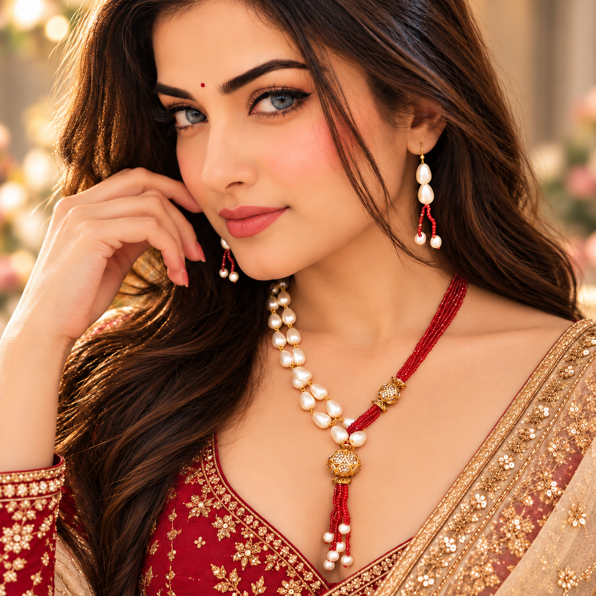 Model wearing the Jwanas Scarlet Pearl Cascade Necklace Set with matching drop earrings and a red bindi
