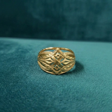 Jwanas Solara Filigree Ring flat lay on green background