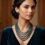 Teal blue multi-layer beaded necklace and earring set worn by a woman
