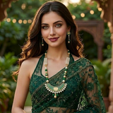 Vrinda Lotus Meenakari Mala Set with emerald green beads and pearl detailing styled with an ethnic outfit
