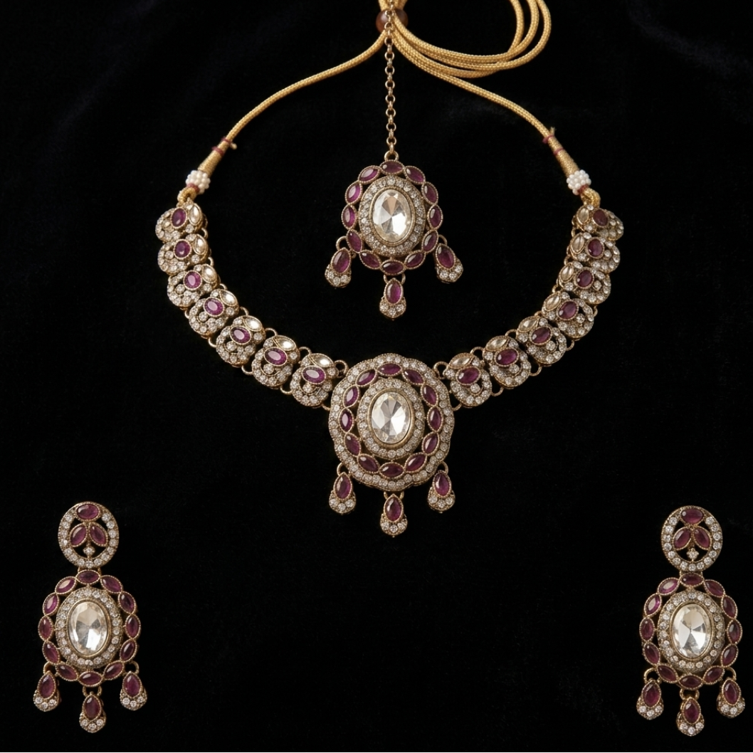 Complete Wine Ruby Crystal Designer Jewellery Set with maang tikka