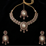 Complete Wine Ruby Crystal Designer Jewellery Set with maang tikka