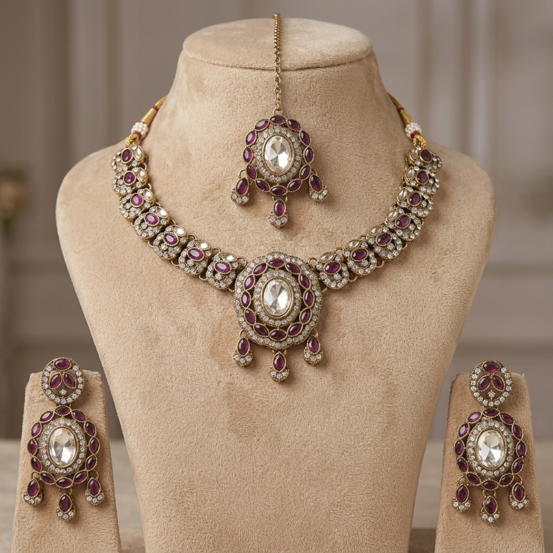 Wine Ruby Crystal Designer Necklace and Earring Set displayed on mannequin