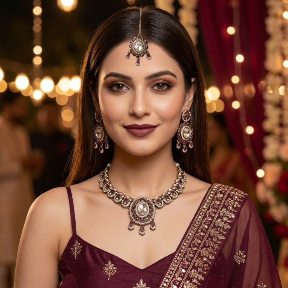 Model wearing Wine Ruby Crystal Designer Jewellery Set with maang tikka