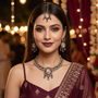 Model wearing Wine Ruby Crystal Designer Jewellery Set with maang tikka