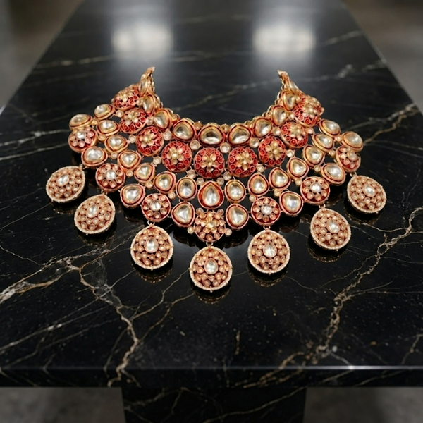Jwanas Zeenat Ruby-Toned Bridal Choker flat lay on a black marble surface