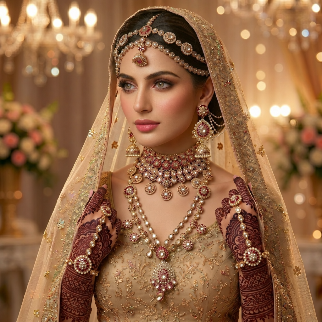 Model wearing the Jwanas Zeenat Ruby-Toned Bridal Choker Set with matching headpiece and earrings