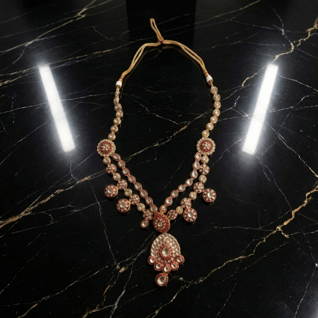 Jwanas Rani Haar (long necklace) from the Zeenat Ruby-Toned Bridal Choker Set on a black marble surface